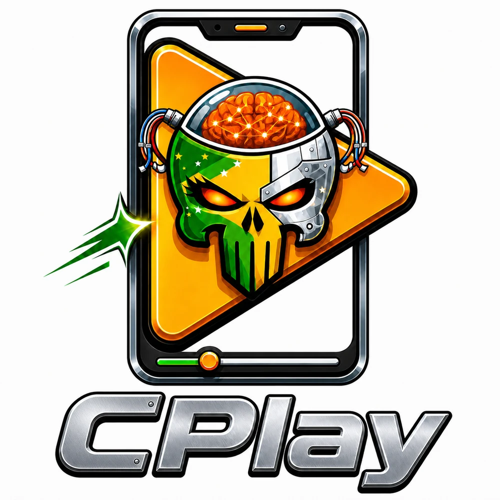 Logotipo metálico do CPlay com a CrânIA dentro de um botão de reprodução em um celular