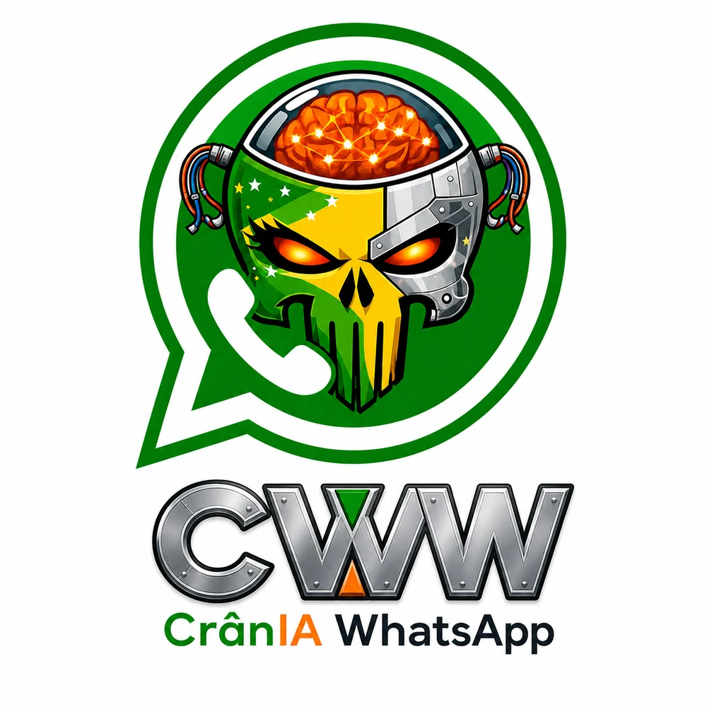Logotipo metálico CWW com a caveira CrânIA dentro de um símbolo verde de conversa e telefone