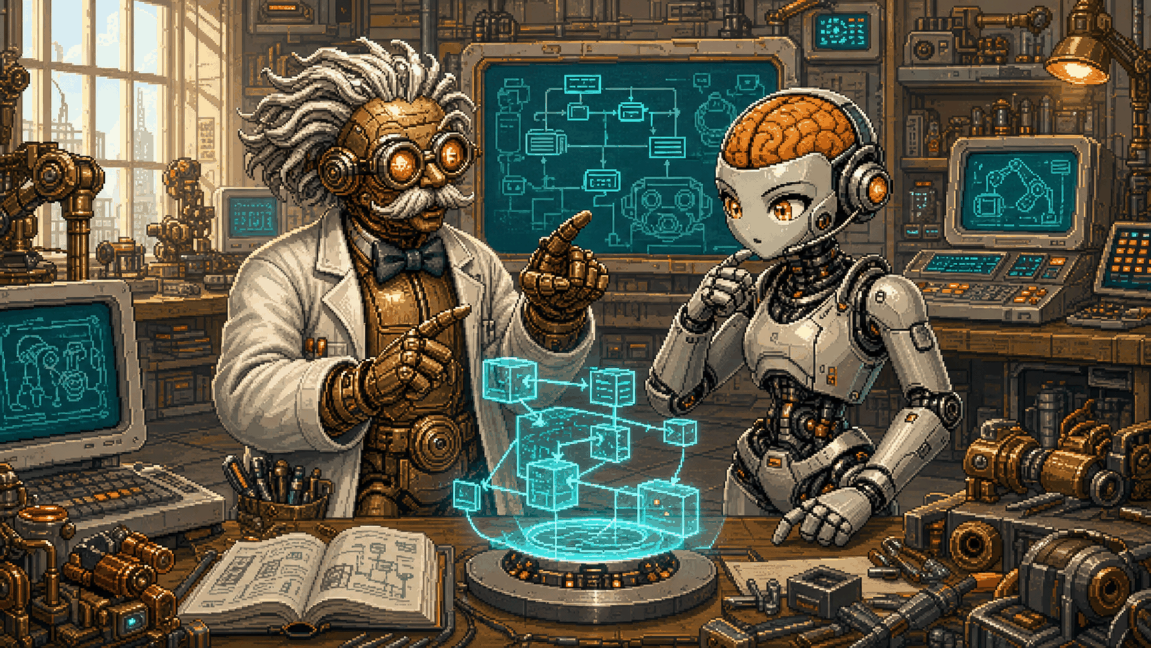 AIstem orientando a CrânIA em um laboratório retrô de inteligência artificial