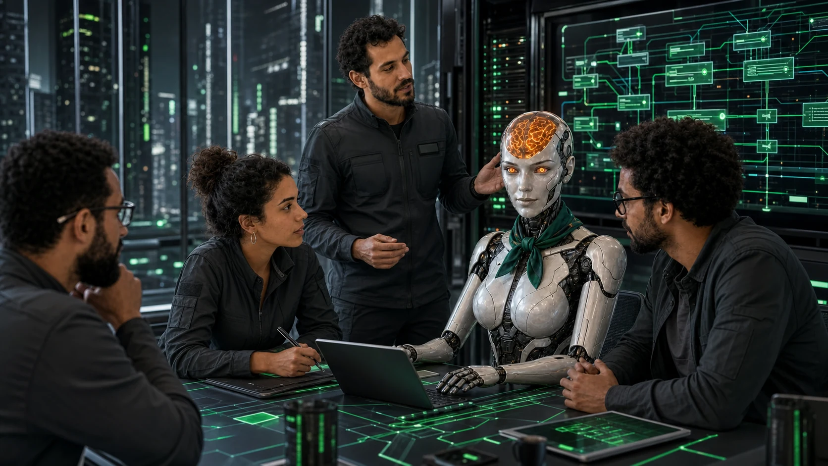 Equipe e CrânIA analisando protocolos em uma cidade de dados